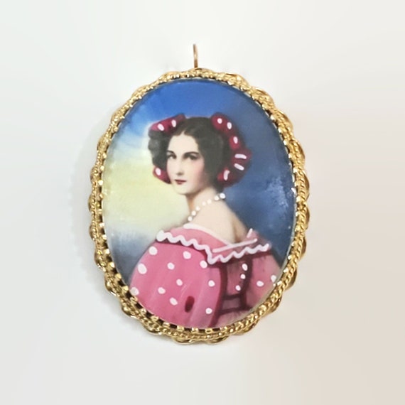 14K Yellow Gold Hand Painted Miniature Portrait Pe