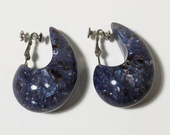 Vintage Les Bernard Blue Plastic J Hoop Screw Back Clip Earrings