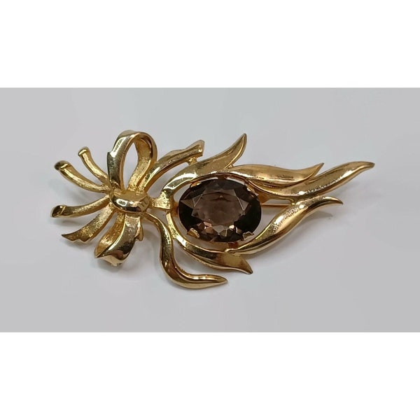 Vintage Signed Brooks Gold Tone & Brown Faceted Glass Stone Brooch Pin