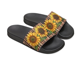 Sunflowers With Brown Plaid Print Summer Women's PU Slide Sandals