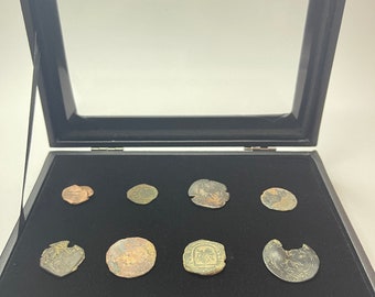8 Spanish cobs and maravedis with leather glass display case Pirate Times - First coin of the New World - 1500-1700