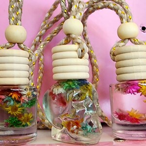 Könnte beinhalten: Drei Glasflaschen mit bunten getrockneten Blumen gefüllt, jede mit einem Holzdeckel und einer Schnur zum Aufhängen. Die Flaschen sind mit einer klaren Flüssigkeit gefüllt und haben eine flaschenförmige Flasche in der Mitte.