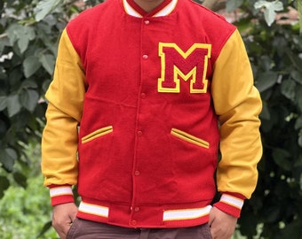 MJ Michael Jackson Thriller Jacket Red M Logo Varsity Letterman Bomber Jacket, Wool Jacket, Leather Sleeves