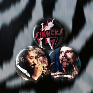 May include: Three round buttons with images and text. One button has the word "SINNERS" in red with a devil figure and the number "7". The other two buttons have images of people with dark backgrounds.