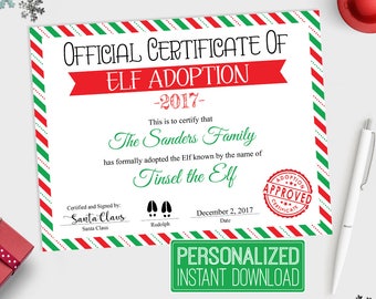 Personalized Elf Adoption Certificate Printable, Official Adopt Papers Instant Download, Christmas Santa Digital Editable PDF Template Reuse