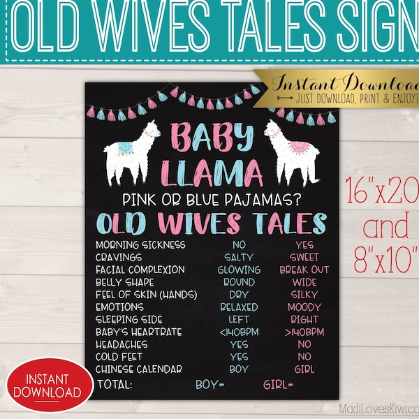 Baby Llama Gender Reveal Poster, Old Wives Tales Sign, Pink or Blue Pajamas Chalkboard Printable, Digital Download Party Decoration Ideas