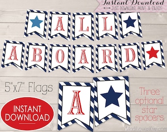 All Aboard Banner, Vintage Train Birthday Party, Printable Choo Choo Decorations for Boys Digital Pennant DIY Bunting Decor Instant Download