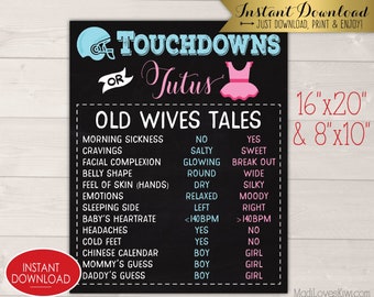 Touchdowns or Tutus Gender Reveal Party Decor Ideas, Old Wives Tales Sign Chalkboard Printable, Football Poster Decoration Digital Download