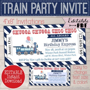 Vintage Train Birthday Invitation, Printable Ticket Party Invite, Digital Chugga Choo Editable PDF Template Blue Boy Instant Download Ideas image 1