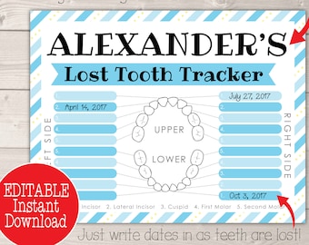 Lost Tooth Chart, Boy First Lost Tooth, Custom Tooth Fairy Printable Digital Tooth Chart, Boy Tooth Fairy Gift, Dental Chart, Tooth Tracker