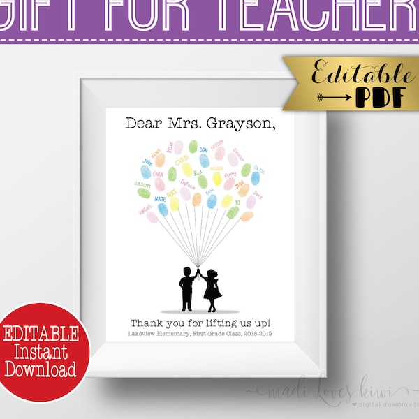 Printable Teacher Thank You Gift, End of Year Student Fingerprint Gift, Digital Personalized Appreciation Gift, Class DIY Balloon Silhouette