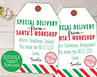 Special Delivery from Santa's Workshop Instant Download, Personalized Santa Gift Tags Editable, Christmas Present Printable Reusable Digital