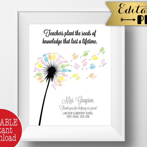 Dandelion Fingerprint Teacher Gift Appreciation Thumbprint - Etsy Australia