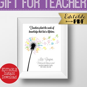 Dandelion Fingerprint Gift, Teacher Thank You Gift Printable, Personalized End of Year Appreciation Gift, Class Mom Student Name Thumbprint