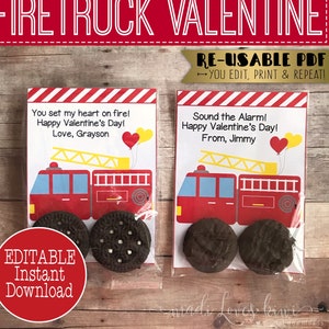 Imprimable Firetruck Valentines Day Card, Editable Fire Truck Oreo Valentine's Note for Kid Instant Download, Non Candy Gift Favor Treat Idea image 1