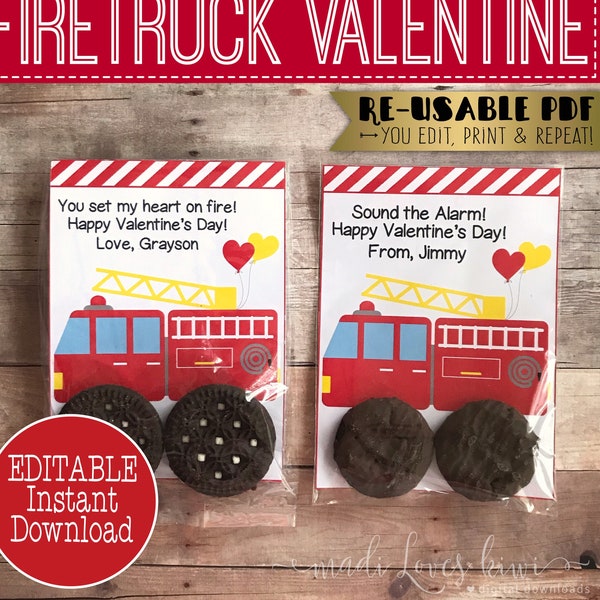 Printable Firetruck Valentines Day Card, Editable Fire Truck Oreo Valentine's Note for Kid Instant Download, Non Candy Gift Favor Treat Idea