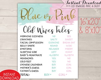 Blue or Pink Gender Reveal Decorations, Old Wives Tales Sign Printable, Gold Boy Girl Baby Party Decor Ideas, Poster Board Digital Download