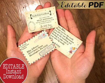 Vintage Printable Tooth Fairy Letter & Envelope, Mini Lost Tooth Certificate PDF Template, Editable Mail Idea, Receipt Download First Report