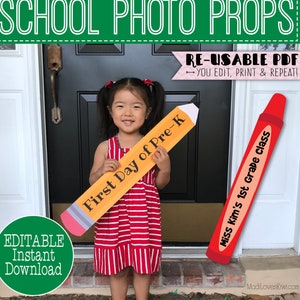 Pencil First Day of School Photo Prop Printable, Crayon 1st Day Sign Reusable, Last Day Editable Booth Digital For Teacher End Year Back to image 1