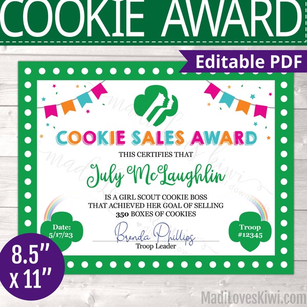 Editable Scout Cookie Sales Award Certificate, Printable Girl Top Seller Ceremony Instant Download, Personalized Goal Getter Boss Template