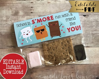 Printable S'Mores Valentines Day Treat Bag Topper, Editable School Teacher Gift Idea, Digital Smores Card for Kid Instant Download Student