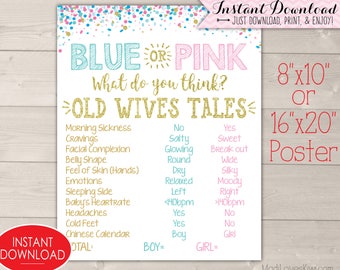 Blue or Pink Gender Reveal Sign, Old Wives Tales, Baby Gender Reveal Party Decor, Digital Download Poster Prop Ideas, Old Wife Tale Board