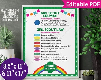 Printable Scout Promise and Law Poster for Troop, 8.5x11 Editable Daisy Petal Sign Instant Download, Digital Girl Handout Template Activity