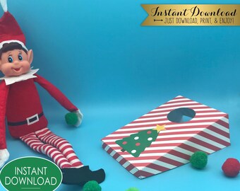 Printable Elf Cornhole Game Instant Download, DIY Christmas Pom Pom Bag Toss Activity, Funny Xmas Prop Idea for Holiday Accessory North Pole