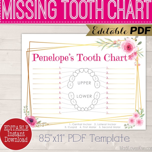 Personalisierte Missing Tooth Chart, druckbare Geschenk von Zahnfee für Mädchen, Erste verlorene Zähne PDF Vorlage Sofort Download, DIY Tracker Idee