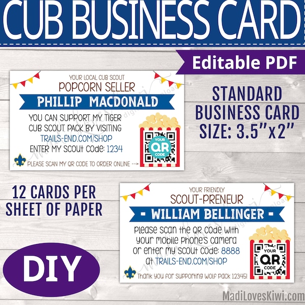 Printable Cub Scout Business Card with QR Code, Popcorn Seller Instant Download, Editable Thank You Note Order, Personalized Marketing PDF