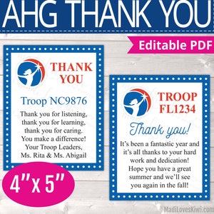 Editable American Heritage Girl Thank You Card, Printable AHG Troop Leader Instant Download, Personalized End of Year Gift Tag PDF Template