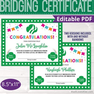 Editable Scout Bridging Certificate for All Levels Daisy Brownie Junior Cadet, Printable Ceremony Girl Troop Leader Instant Download DIY image 1