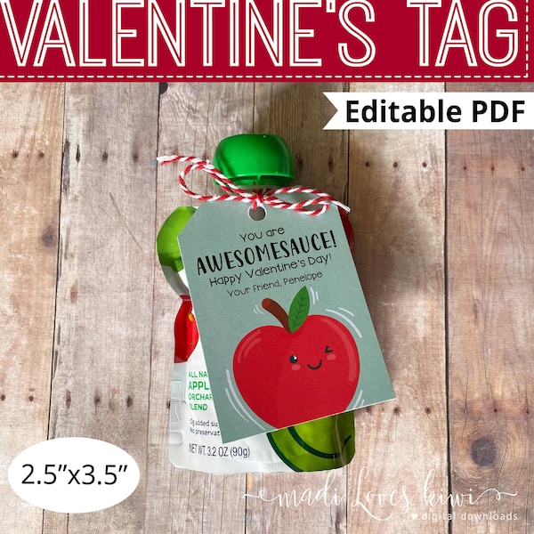 Printable Valentine Tag Instant Download, Editable Apple Sauce Pouch Treat Note, Non Candy Card Day for Kid, DIY School Teacher Gift Student