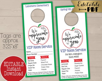 VIP Room Service Door Hanger for Teacher Appreciation Week, Printable End of Year Gift Tag, Editable Classroom Mom Idea Digital Download PTA