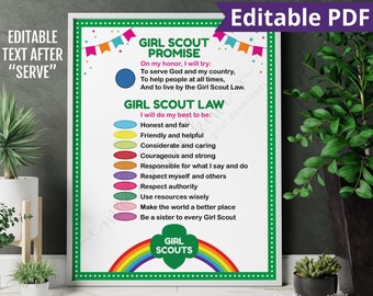 Editable Scout Promise and Law Poster for Troop Meeting, Printable Daisy Petal Sign Instant Download, Girl Digital Handout Template Activity