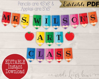 Personalized Rainbow Welcome Banner, Printable Pencil Back to School Decor, Pennant Classroom Bunting, Teacher Decorations Digital Download