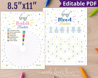 Printable Habit Tracker, Editable Mood Chart, Circular Monthly Instant Download, Daily Journal PDF Template, Digital Planner Page Insert Log