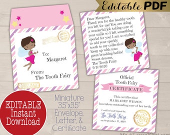 Mini Tooth Fairy Letter Printable, Editable Lost Tooth Certificate PDF Template, DIY Girl Mail Receipt Digital First Report Instant Download