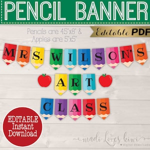 Personalized Rainbow Welcome Banner, Printable Pencil Back to School Decor, Pennant Classroom Bunting, Teacher Decorations Digital Download