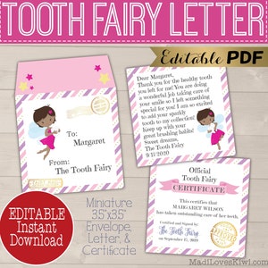 Mini Tooth Fairy Letter Printable, Editable Lost Tooth Certificate PDF Template, DIY Girl Mail Receipt Digital First Report Instant Download image 1