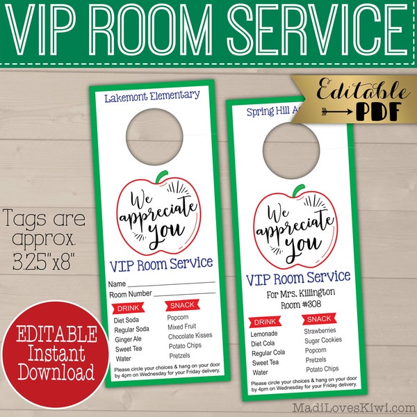 VIP Room Service Door Hanger for Teacher Appreciation Week, Printable End of Year Gift Tag, Editable Classroom Mom Idea Digital Download PTA