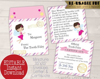Mini Tooth Fairy Letter Printable with Envelope, Editable Lost Tooth Certificate PDF Template, Girl Mail Idea Receipt Download First Report