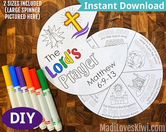 Printable Lords Prayer Wheel for Kid, Lord's Bible Verse Sunday School Activity, Spinner Scripture Lesson, Church Bookmark Color Page Memory