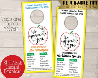 Teacher Appreciation Gift Printable, Room Service Door Hanger Editable, End of Year Staff Idea, Class Room Mom Digital Download Tag PTA Week