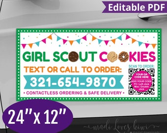 Printable LBB Girl Scout Car Magnet 24x12, Editable Cookie Sign Decal with QR Code, Cling Instant Download Contact Digital PDF Template Van