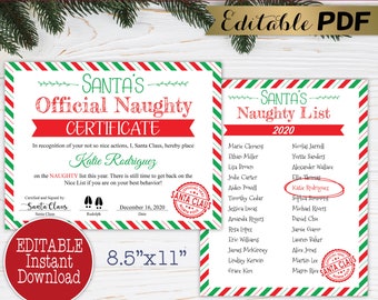 Printable Santa's Naughty List Certificate, Editable Official North Pole Name PDF Template, Personalized Christmas Digital Download Reusable