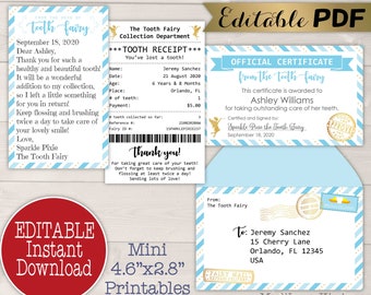 Editable Tooth Fairy Receipt Bundle with Printable Letter, Certificate, Envelope, First Lost Note Template Digital, Instant Download for Boy