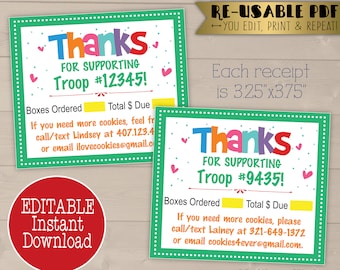 EDITABLE Scout Cookie Thank You Note, Printable Order Sales Receipt, Girl Troop Leader Instant Download, Booth Seller Card with Contact Info