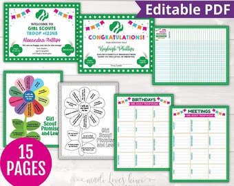 Girl Scout Troop Leader Printable Pack with Editable Bridging Certificate, Attendance Log, Meeting & Birthday Tracker, Petal Charts, Welcome