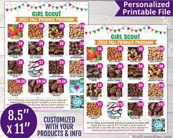 Personalized Printable Girl Scout Fall Product Flyer with QR Code, Customized Chocolate and Nut Menu Price List, Sale Sign, Program Card